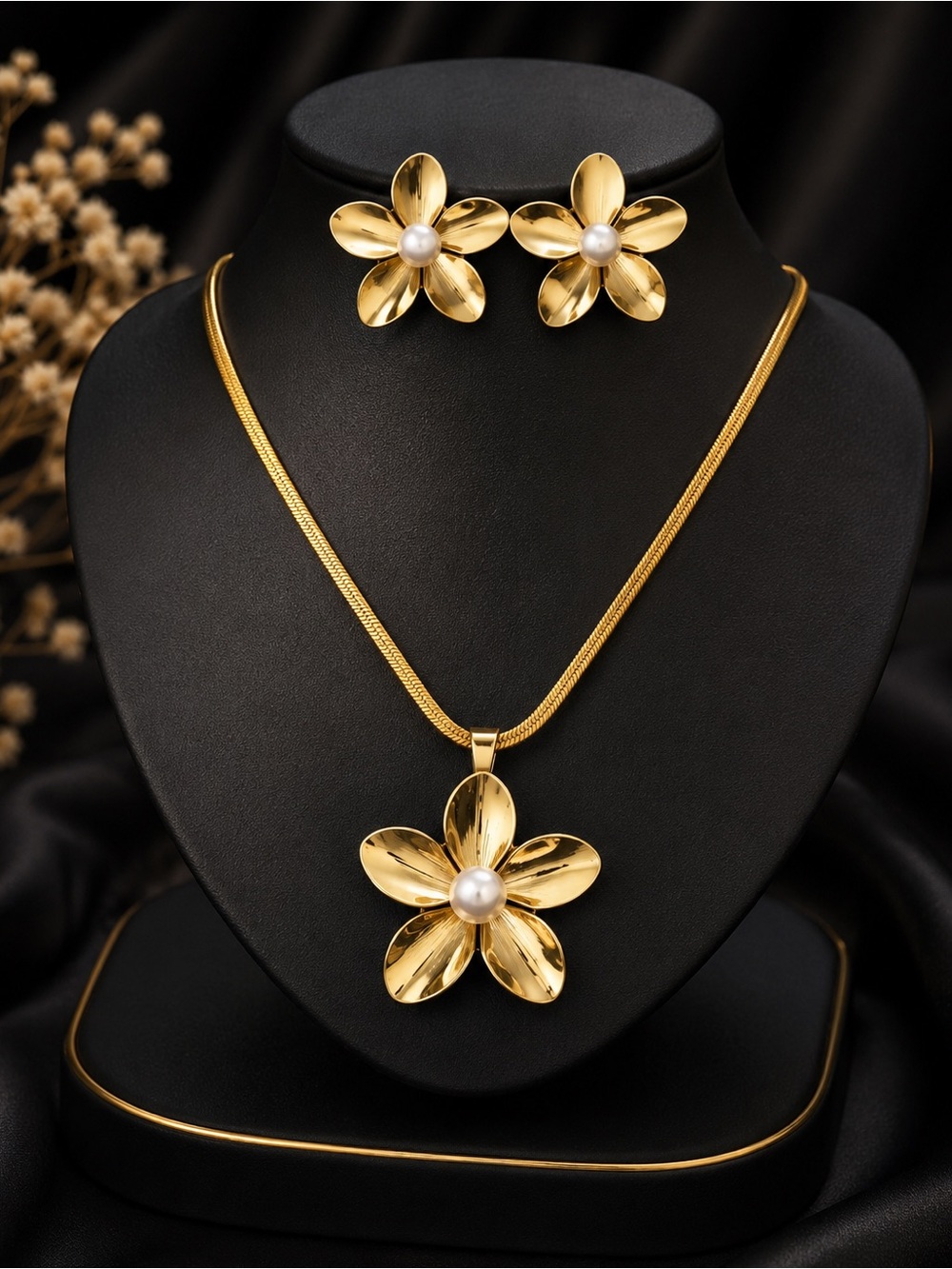 Gold Flower Pendant Necklace and Stud Earrings with Pearl Center